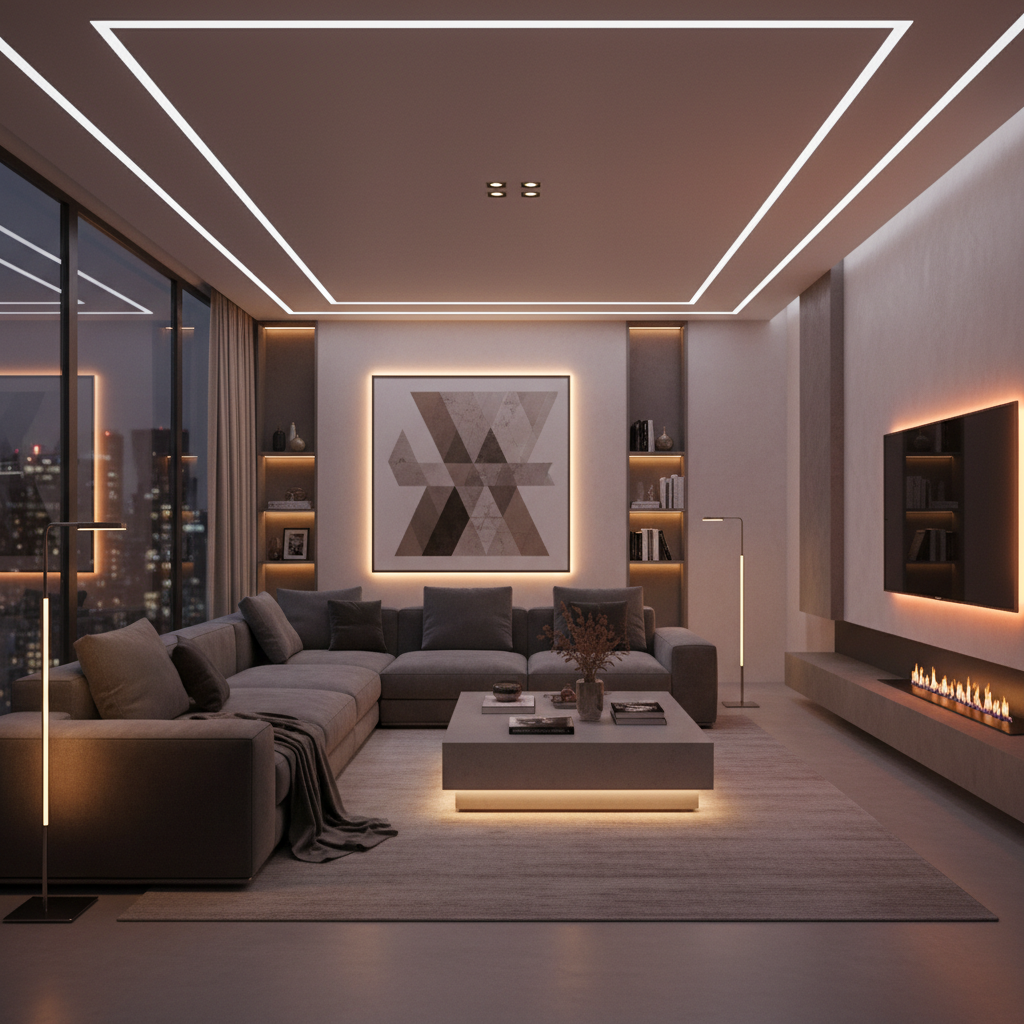 Una instancia de una sala de estar con iluminación en led