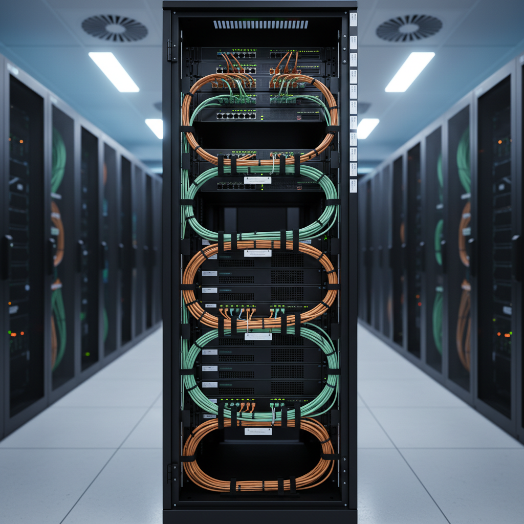 Un rack correctamente cableado con servidores y switch