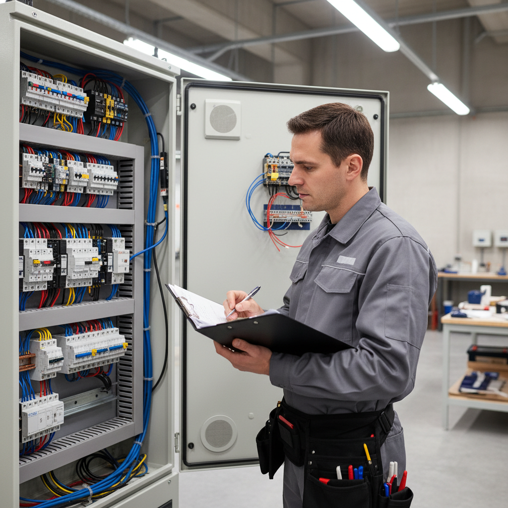 Un técnico con una carpeta anotando en ella revisando un cuadro eléctrico